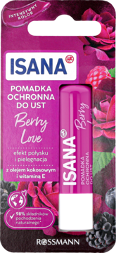 Isana Pomadka Ochronna Do Ust Berry Love, różowa, z intensywnym kolorem, olejem kokosowym i witaminą E.