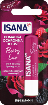 ISANA pomadka ochronna Berry Love w blistrze z owocami i różami, zapewnia intensywny kolor i połysk, z kokosem.