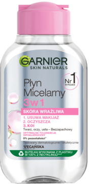 Garnier Płyn Micelarny 3w1 do wrażliwej skóry, przezroczysta butelka z różową nakrętką, widok z przodu.