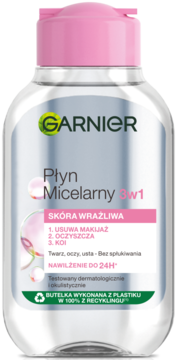 Garnier Płyn Micelarny 3w1 do skóry wrażliwej w przezroczystej butelce z różową nakrętką, widok z przodu.