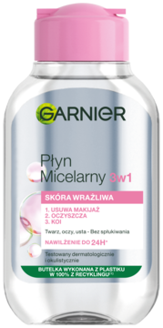 Garnier Płyn Micelarny 3w1 do skóry wrażliwej, przezroczysta butelka z różową nakrętką, front, usuwa makijaż i koi.