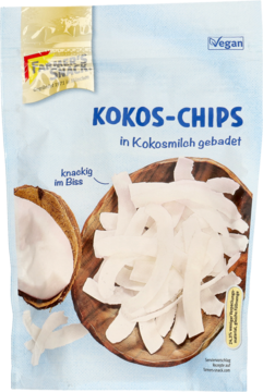 Opakowanie chipsów kokosowych Farmer's Snack, w kąpieli kokosowej, z miską chrupiących płatków.