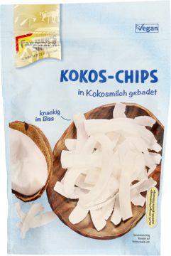 Opakowanie chipsów kokosowych Farmer's Snack, w kąpieli kokosowej, z miską chrupiących płatków.