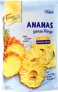Biało-niebieskie opakowanie suszonych krążków ananasa Farmers Snack, z owocami i napisem "Ananas ganze Ringe".