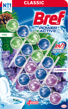 Bref Power Aktiv Classic zawieszka WC, mix zapachów Pine i Lavender, widok z przodu opakowania.