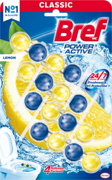 Bref WC Power Active Classic Lemon, zawieszka do toalety z żółto-niebieskimi kulkami, widok z przodu opakowania.