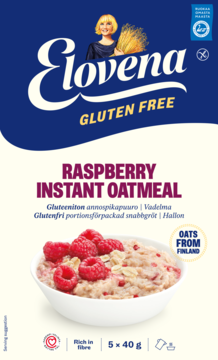 Opakowanie Elovena Raspberry Instant Oatmeal, gluten-free, z miską owsianki i malinami na białym tle, widok z przodu.