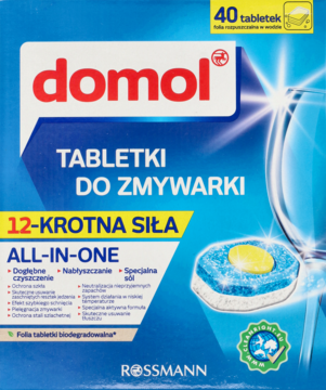 Domol Performance tabletki do zmywarki All-in-One 40 szt. w niebieskim kartonie, widok z przodu.