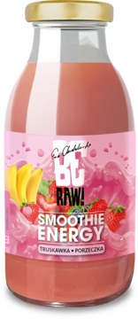 Be RAW! Smoothie ENERGY truskawka porzeczka w szklanej butelce, różowa etykieta z owocami, widok z przodu.
