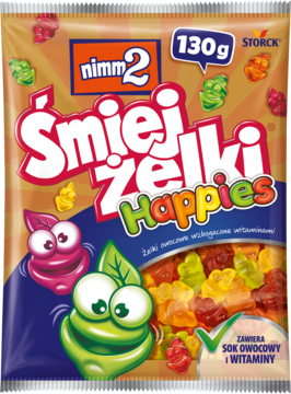 Opakowanie Nimm 2 śmiej żelki Happies, 130g, z owocowymi żelkami, witaminami i uśmiechniętymi postaciami na froncie.