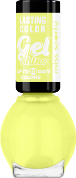 Neonowo żółty lakier Miss Sporty Lasting Color Gel Shine, trwały do 10 dni, widok z przodu butelki.