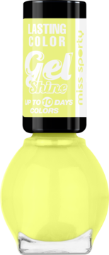 Neonowo żółty lakier Miss Sporty Lasting Color Gel Shine, trwały do 10 dni, widok z przodu butelki.