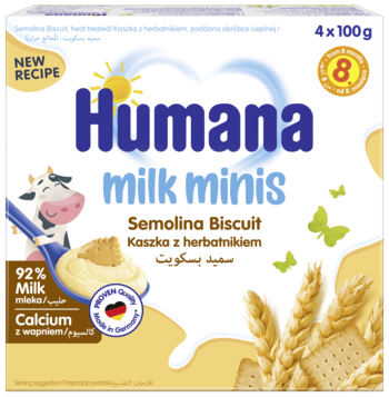 Żółto-niebieskie opakowanie Humana Milk Minis kaszka z herbatnikiem, 92% mleka, z wapniem, widok z przodu.