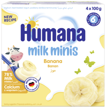 Humana Milk Minis bananowy deserek jogurtowy 4x100g, białe pudełko z rysunkiem krowy i plasterkami banana.