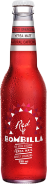 Czerwona butelka napoju Bombilla Red Yerba Mate, delikatnie gazowany, z kropelkami wody, widok z przodu.