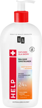 AA Help Balsam Opatrunek do ciała, biała butelka z czerwoną pompką, etykieta z krzyżem, dla skóry ekstremalnie suchej.