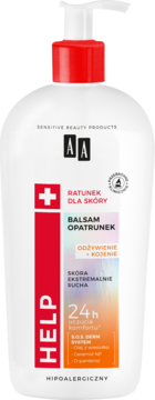 Biały balsam AA Help Ratunek dla Skóry z czerwoną etykietą i pompką, do ekstremalnie suchej skóry. Widok z przodu.