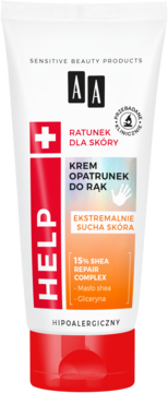 AA HELP Krem Opatrunek do rąk 15% Shea dla ekstremalnie suchej skóry, biała tubka, widok z przodu.