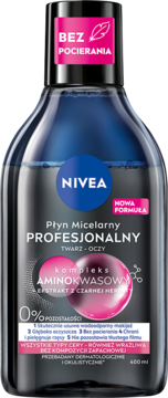 NIVEA Płyn Micelarny Profesjonalny, dwufazowy, w czarnej butelce z różowymi detalami, widok z przodu.