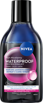 NIVEA Płyn Micelarny Waterproof Profesjonalny 400ml, dwufazowy, czarno-niebieska butelka, widok z przodu.