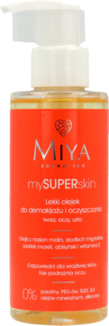 Miya mySUPERskin olejek do demakijażu w przezroczystej butelce z pomarańczową etykietą i białą pompką.