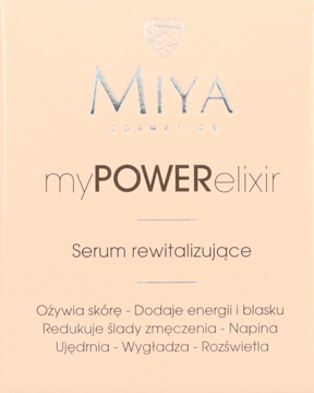 Miya myPOWERelixir Serum rewitalizujące, beżowe pudełko z srebrnym logo i nazwą produktu, widok z przodu.