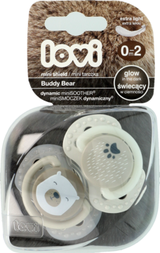 Frontalny widok dwupaku mini smoczków Lovi Buddy Bear: dynamiczne, ekstra lekkie, świecące, beżowe.