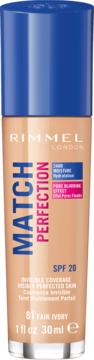 Beżowy podkład Rimmel Match Perfection SPF 20 Fair Ivory, butelka z niebieską nakrętką i różowym napisem, widok z przodu.