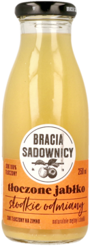 Sok Bracia Sadownicy, jabłkowy tłoczony, słodkie odmiany, szklana butelka 250ml, pomarańczowa etykieta, widok z przodu.