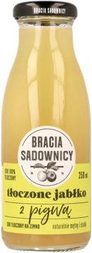 Szklana butelka soku Bracia Sadownicy tłoczonego jabłko z pigwą 250ml, z żółtą etykietą, widok z przodu.
