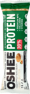 OSHEE ,baton wysokobiałkowy o smaku masła orzechowego w polewie kakaowo-mlecznej,przód