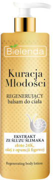Bielenda Kuracja Młodości balsam do ciała, złota butelka z pompką, ze śluzem ślimaka, złotem 24K. Widok z przodu.