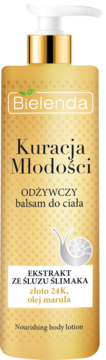 Złoty balsam Bielenda Kuracja Młodości z ekstraktem śluzu ślimaka, złota 24K i olejku marula, widok z przodu.