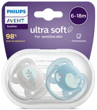Philips Avent Ultra Soft ortodontyczne smoczki 6-18m dla wrażliwej skóry, dwa w etui, szary i niebieski.