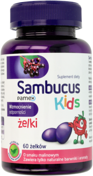 Fioletowa butelka Sambucus Kids żelki, 60 sztuk, wzmocnienie odporności, z wesołymi owocami.