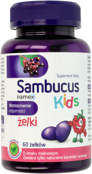 Fioletowa butelka Sambucus Kids żelki, 60 sztuk, wzmocnienie odporności, z wesołymi owocami.