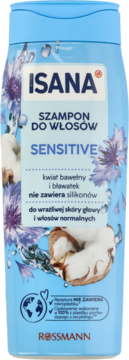 Niebieski szampon Isana Sensitive z bawełną i bławatkiem, bez silikonów, widok z przodu butelki.