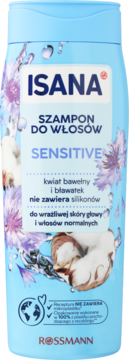 Jasnoniebieski szampon Isana Sensitive, widok z przodu. Zawiera kwiat bawełny i bławatek, bez silikonów.