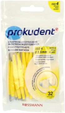 Prokudent szczoteczki międzyzębowe ISO 4, 3.5mm, żółte, w przezroczystym opakowaniu 32 sztuki, widok z przodu.