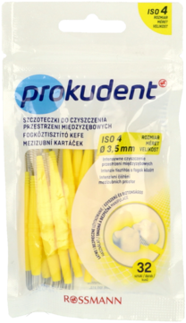 Prokudent szczoteczki międzyzębowe ISO 4, 3.5mm, żółte, w przezroczystym opakowaniu 32 sztuki, widok z przodu.