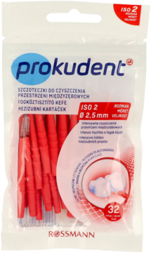 Prokudent ISO 2 szczoteczki międzyzębowe, czerwone, 32 sztuki w przezroczystym opakowaniu, widok z przodu.