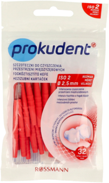 Prokudent ISO 2 szczoteczki międzyzębowe, czerwone, 32 sztuki w przezroczystym opakowaniu, widok z przodu.
