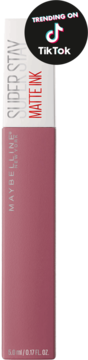 Płynna matowa szminka Maybelline Super Stay Matte Ink w odcieniu pudrowego różu, z etykietą "Trending on TikTok".
