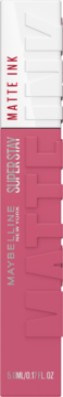 Różowe pudełko matowej szminki Maybelline Super Stay Matte Ink, widok z przodu z białymi i czerwonymi napisami.