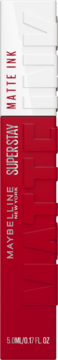 Maybelline Super Stay Matte Ink, matowa szminka w czerwonej, prostokątnej tubce z białym napisem, widok z przodu.