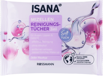 Isana chusteczki micelarne 3w1 do twarzy, biała saszetka z fioletową etykietą i różowymi rozbryzgami wody.