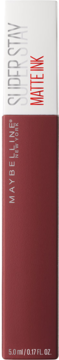 Czerwono-brązowa szminka Maybelline Super Stay Matte Ink w podłużnej tubce na białym tle, widok z przodu.