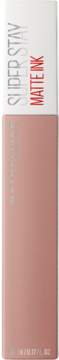 Maybelline Super Stay Matte Ink, jasnobeżowa matowa szminka w pionowym opakowaniu z białą nakrętką, widok z przodu.
