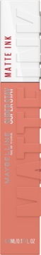 Opakowanie matowej szminki Maybelline Super Stay Matte Ink, koralowe z białym, napis MATTE INK. Widok z przodu.