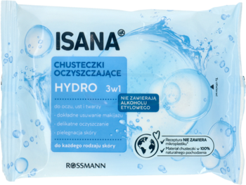 Isana Hydro 3w1 chusteczki oczyszczające do twarzy, niebieskie opakowanie z wodnymi bąbelkami, widok z przodu.